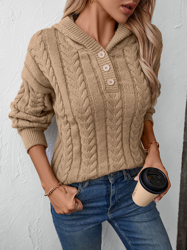 Buttoned Solid Color Split-Joint Hooded Long Sleeves Sweater Tops
