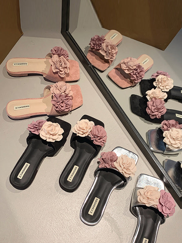 Flower Shape Open Toe Split-Joint Square-Toe Slippers&Mules