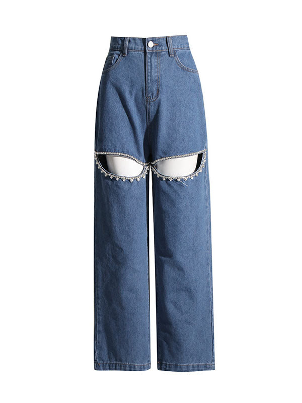 Hollow Rhine Stones High Waisted Loose Jean Pants Bottoms