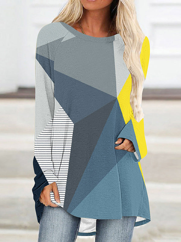 Plaid Printed High-low Long Sleeves Round-neck T-Shirts Tops