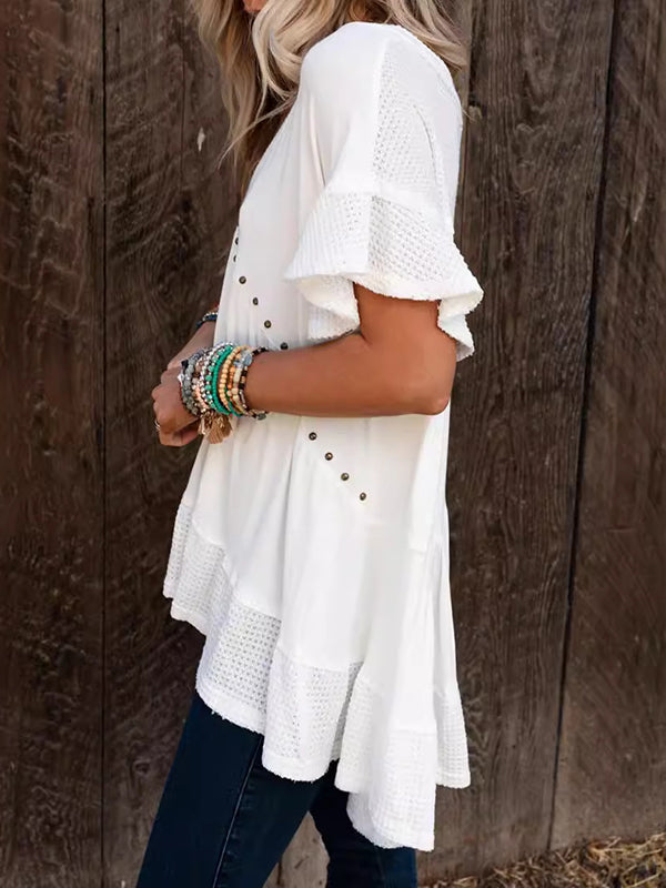 Buttoned Split-Joint Batwing Sleeves High-Low V-Neck T-Shirts Tops