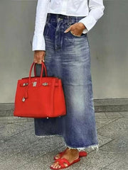 Fringed No Belt Pockets Solid Color Loose Skirts Bottoms