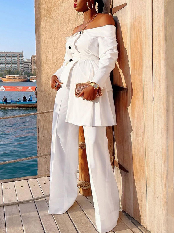 Buttoned High-Waisted Solid Color Long Sleeves Off-The-Shoulder Blouses&Shirts Tops&Pants Bottoms Two Pieces Set
