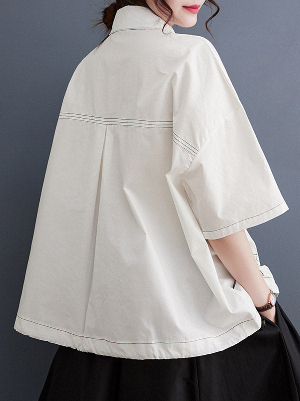 Buttoned Printed Loose Short Sleeves Lapel Blouses&Shirts Tops