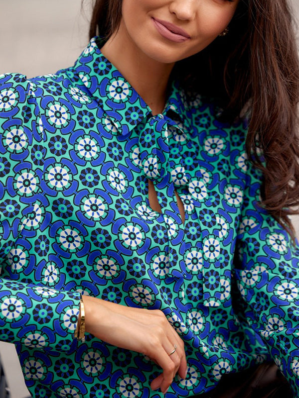 Lace-Up Printed Long Sleeves Loose Lapel Blouses&Shirts Tops