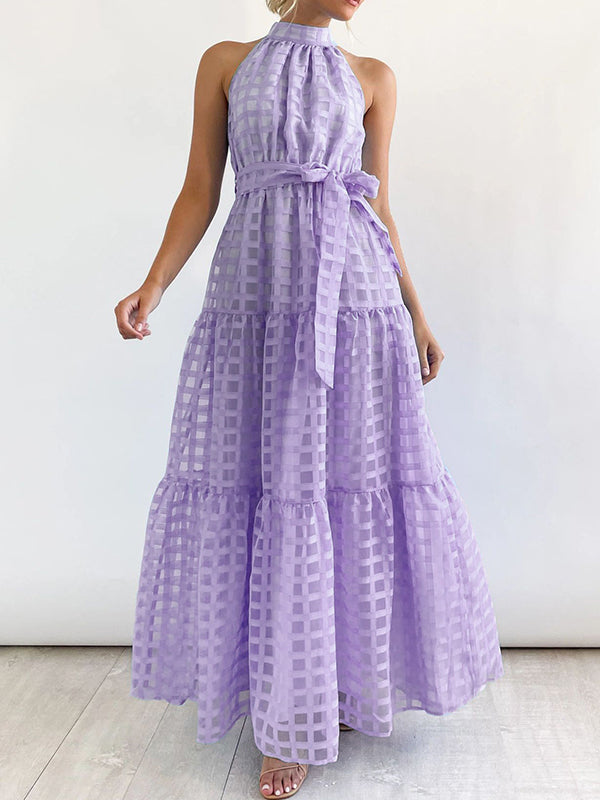 Plaid Ribbed Loose Sleeveless Stand Collar Maxi Dresses