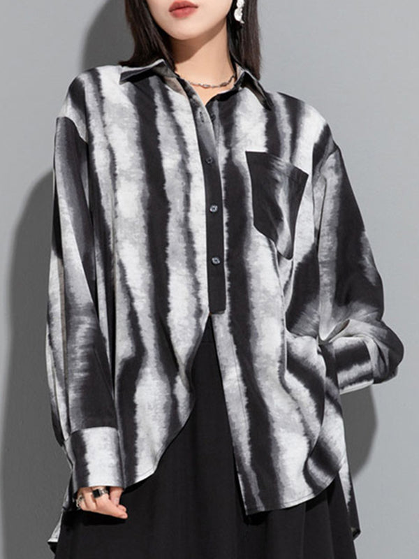 Split-back Tie-dyed Irregular clipping Long Sleeves Lapel Shirts Tops