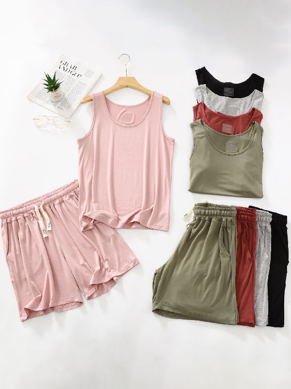 Drawstring Elasticity Pleated Solid Color Loose Sleeveless Round-neck Pajama Sets