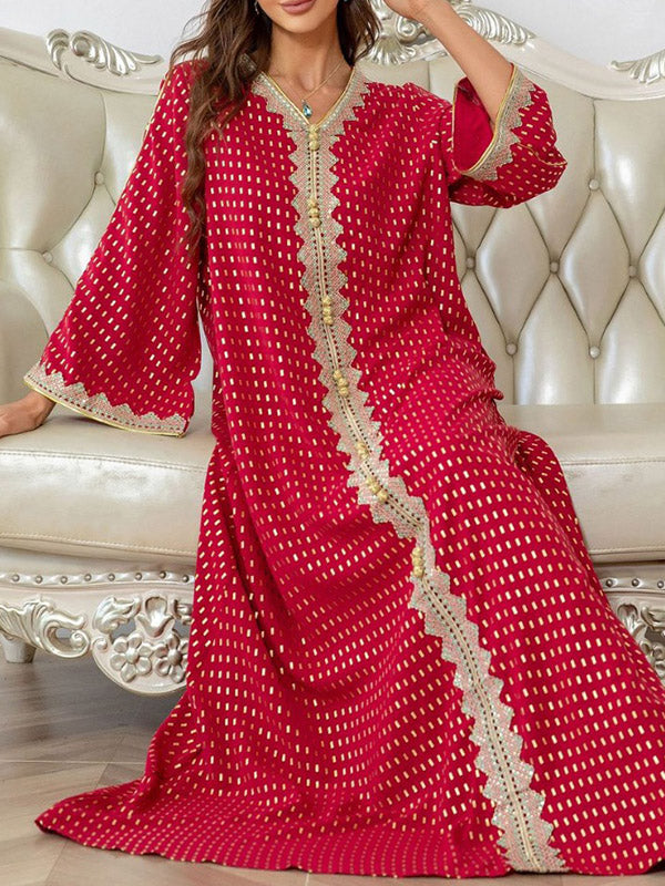 Muslim Polka-Dot Batwing Sleeves Long Sleeves V-Neck Maxi Dresses