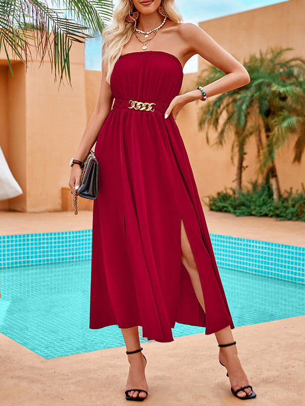 Belted Elasticity Split-Front A-Line Loose Tube Midi Dresses