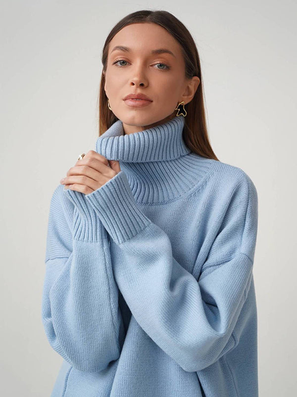 Casual Long Sleeves Loose Solid Color High-Neck Sweater Tops