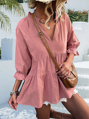 Elasticity Pleated Solid Color Split-Joint Loose Three-Quarter Sleeves V-Neck T-Shirts Tops