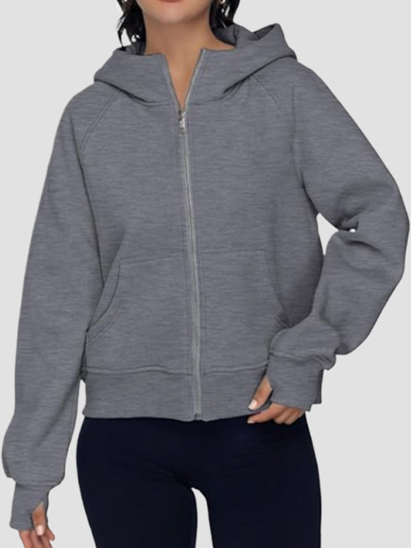 Pockets Solid Color Zipper Hooded Long Sleeves Outerwear Jackets