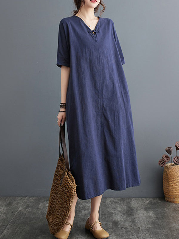 Chinese Frog Buttons Pockets Solid Color Split-Side A-Line Loose V-Neck Midi Dresses