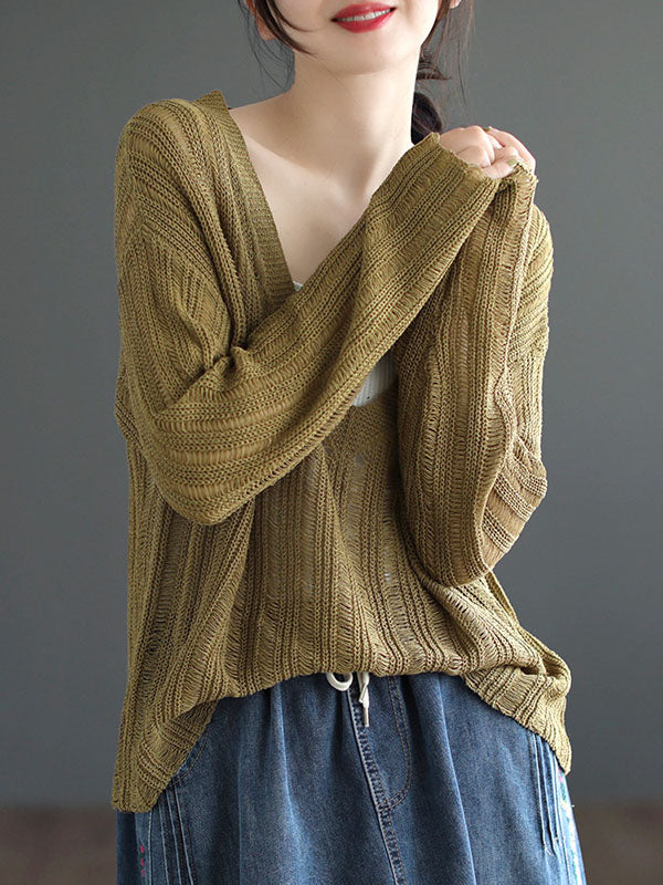 Hollow Solid Color Long Sleeves Loose V-Neck Pullovers