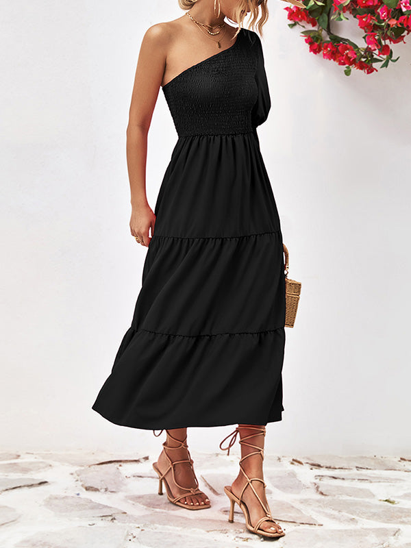 Solid Color Loose Puff Sleeves One-Shoulder Midi Dresses