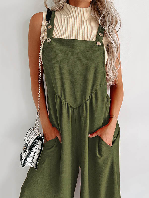 Buttoned Pleated Pockets High Waisted Loose Overalls