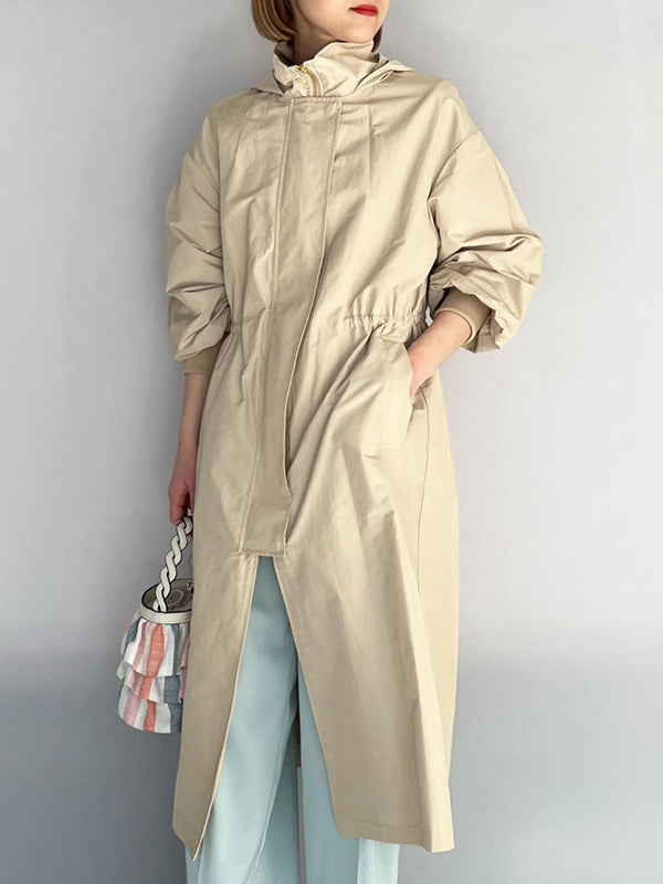 Loose Long Sleeves Drawstring Solid Color Zipper Hooded Trench Coats Outerwear