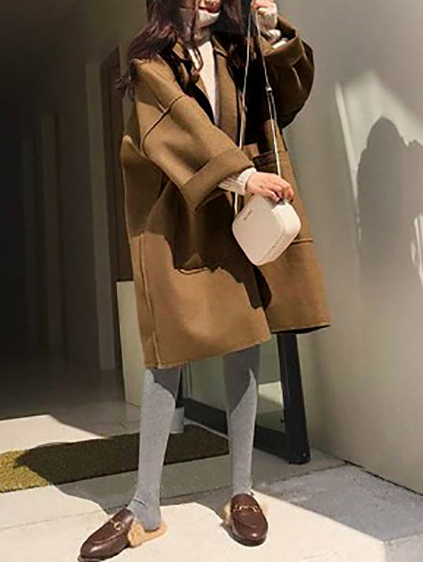 Buttoned Pockets Solid Color Split-Joint Long Sleeves Loose Notched Collar Woolen Coat