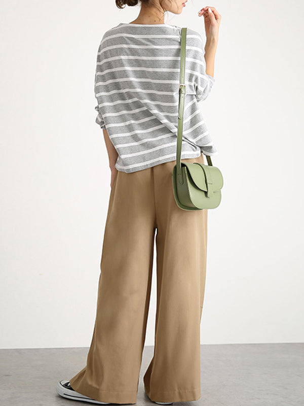 Elasticity Solid Color Split-Joint Wide Side High Waisted Wide Leg Trousers Pants