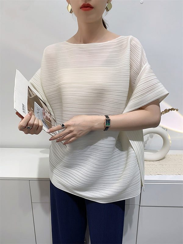 Pleated Solid Color Batwing Sleeves Loose Round-Neck T-Shirts Tops