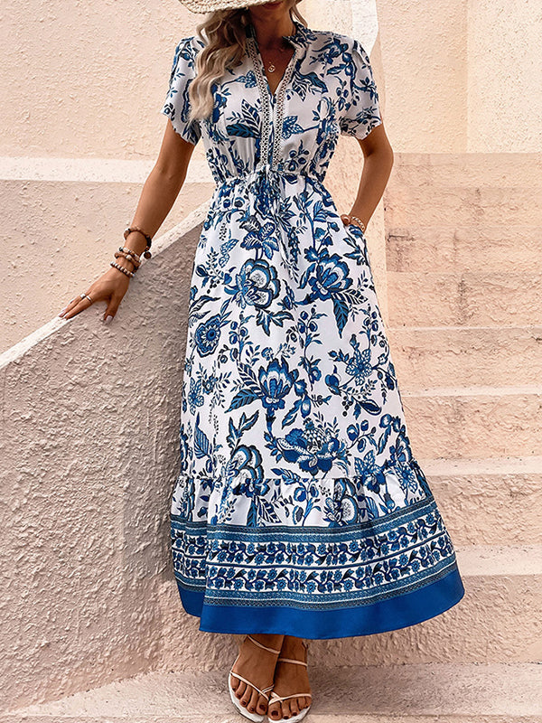 Floral Printed Pleated Split-Joint Tied Waist Loose Short Sleeves V-Neck Shirt Dress Midi Dresses