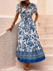 Floral Printed Pleated Split-Joint Tied Waist Loose Short Sleeves V-Neck Shirt Dress Midi Dresses