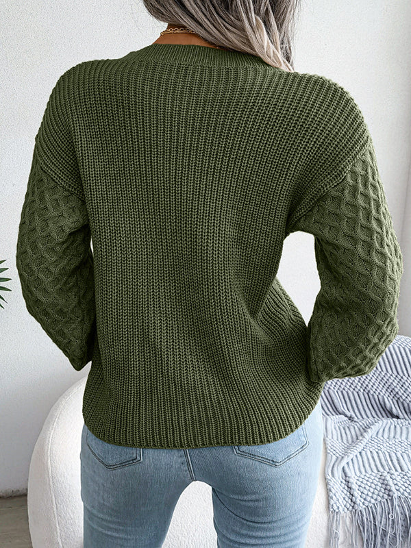 Cable Knit Solid Color Long Sleeves Loose Round-Neck Sweater Tops