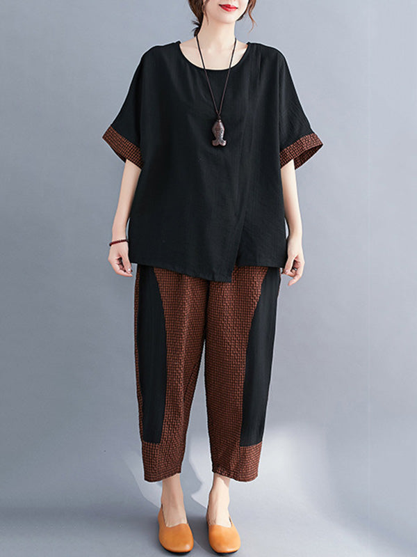 Plaid Split-Joint Asymmetric T-Shirt&Pants Suits