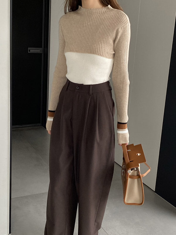 Contrast Color Long Sleeves Loose Round-Neck Two Pieces Set Cover-Ups Tops