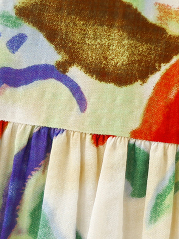 Printed Oversize Puff Sleeves Round-Neck Midi Dresses