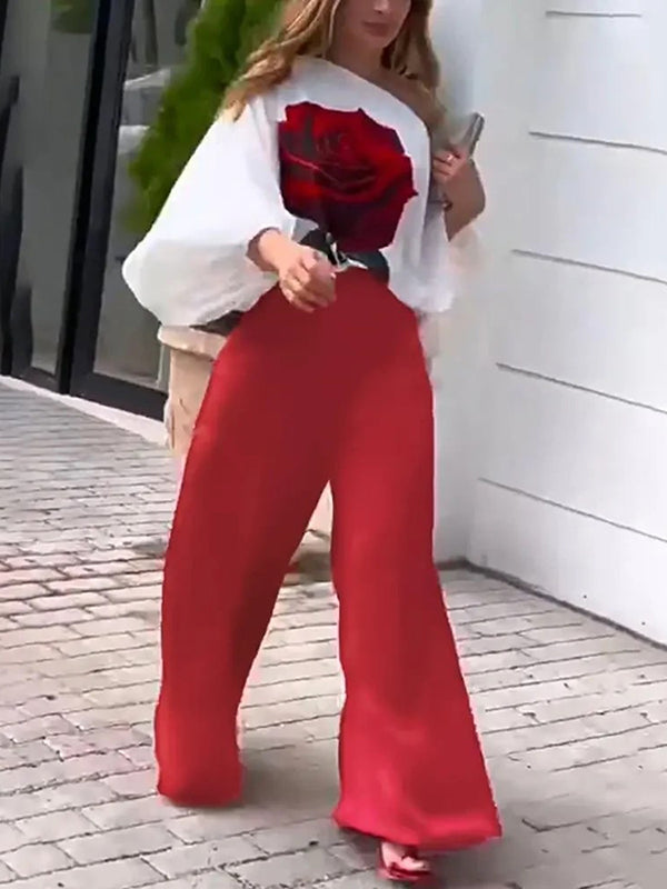 Asymmetric Elasticity Flower Print Long Sleeves Loose One-Shoulder Blouses&Shirts Tops