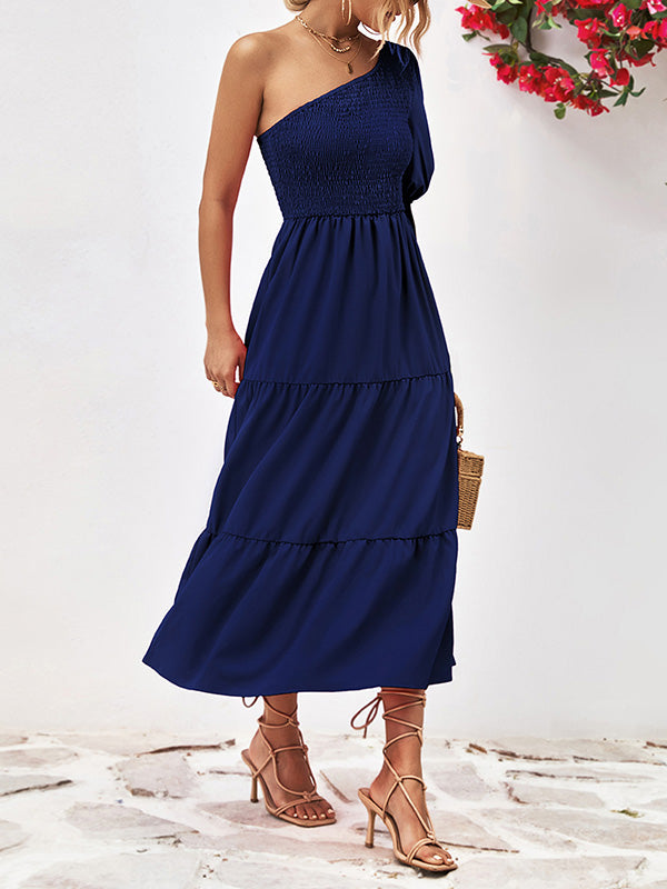 Solid Color Loose Puff Sleeves One-Shoulder Midi Dresses