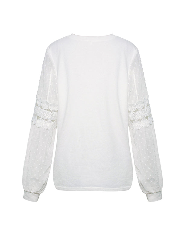 Hollow Solid Color Split-Joint Long Sleeves Puff Sleeves Round-Neck T-Shirts Tops