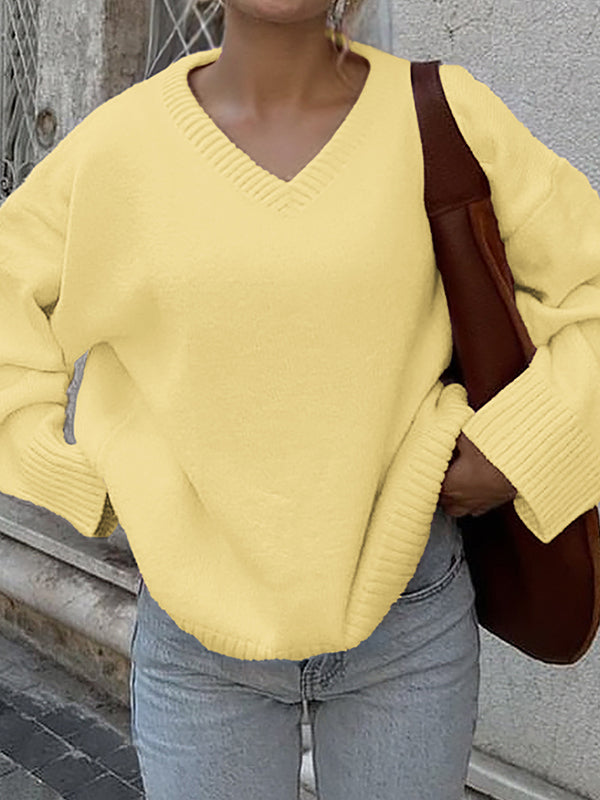 Ribs Solid Color Long Sleeves Loose V-Neck Sweater Tops
