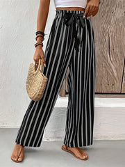 Contrast Color Pockets Striped Tied Waist High Waisted Loose Trousers Pants