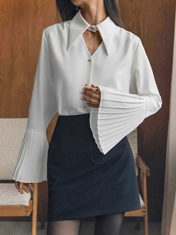 Buttoned Hollow Pleated Split-Joint Flared Sleeves Long Sleeves Lapel Blouses&Shirts Tops