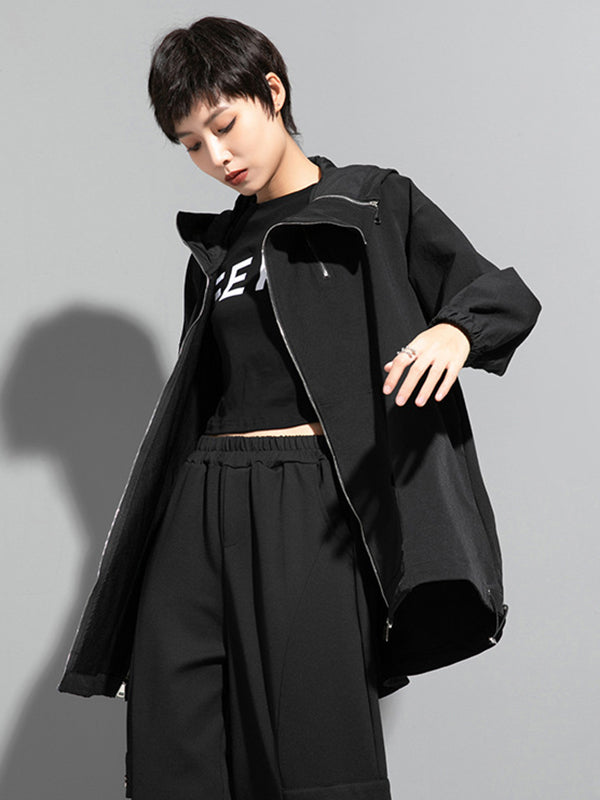 Irregularity Loose Solid Color Zipper Hooded Outerwear