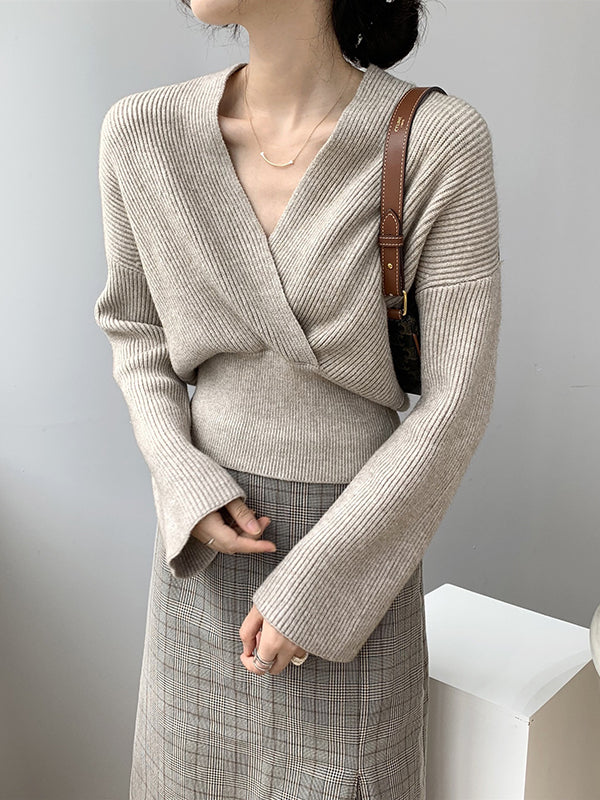 Asymmetric Solid Color Long Sleeves V-Neck Sweater Pullovers Knitwear