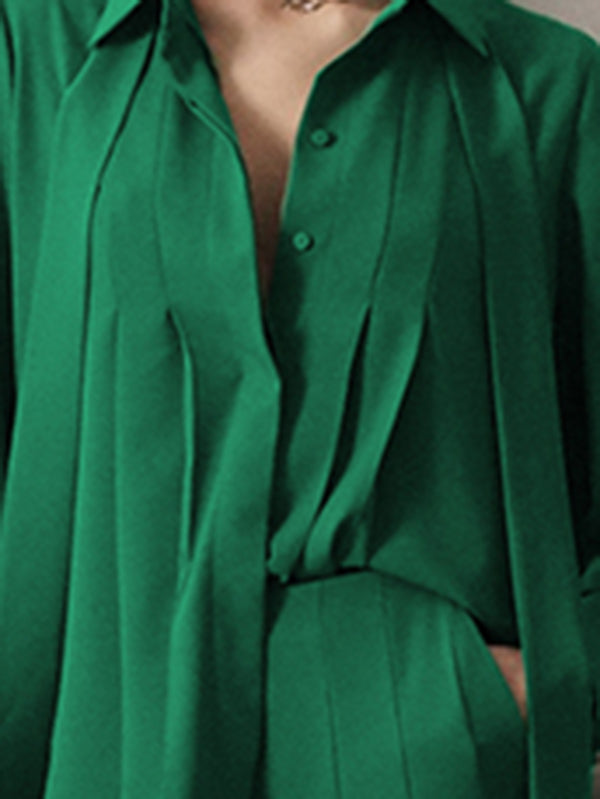 Pleated Solid Color Streamer Long Sleeves Loose Lapel Blouses&Shirts Tops