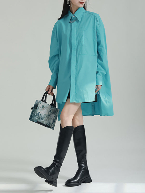 Solid Color Split-side High-low Irregular clipping Lapel Shirts Tops