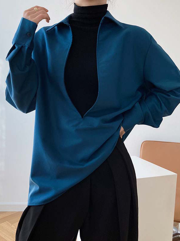 Solid Color Long Sleeves Loose Lapel Blouses