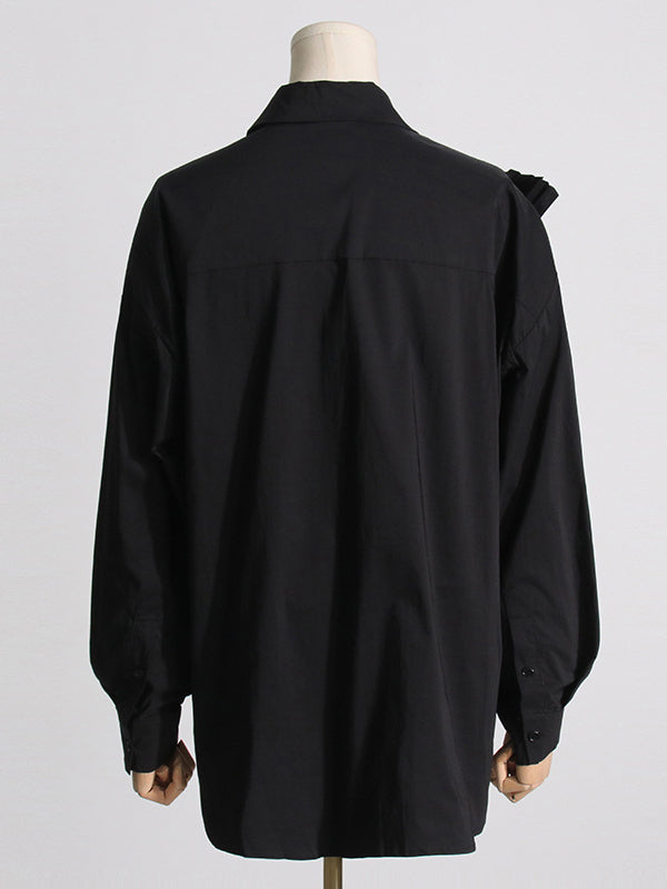 Asymmetric Buttoned Pleated Solid Color Split-Joint Three-Dimensional Flower Long Sleeves Loose Lapel Blouses&Shirts Tops
