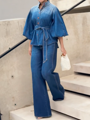 Buttoned Gradient Tied Waist Half Sleeves Puff Sleeves Stand Collar Blouses&Shirts Tops
