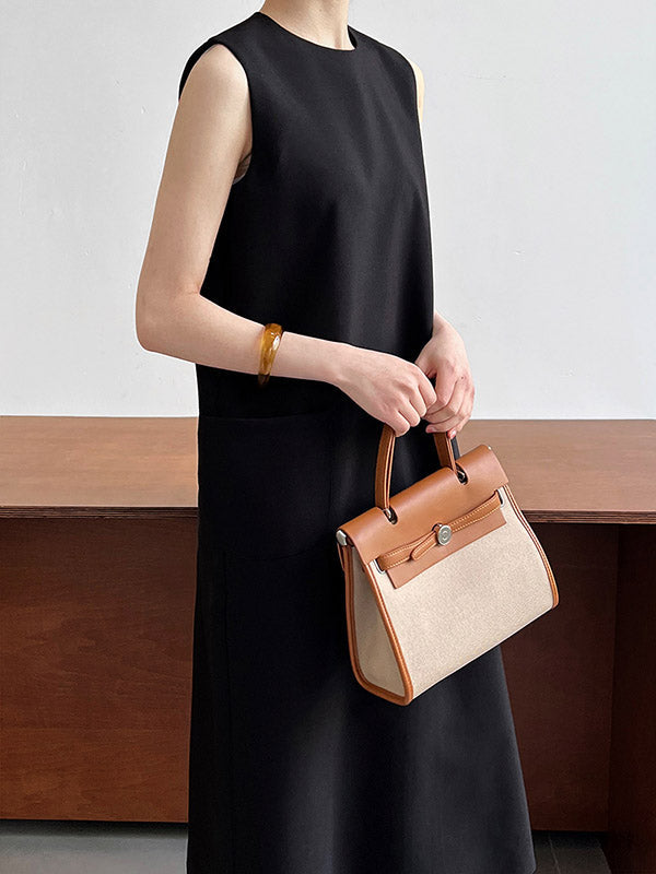 Pockets Solid Color Split-Back Zipper High Waisted Loose Round-Neck Midi Dresses