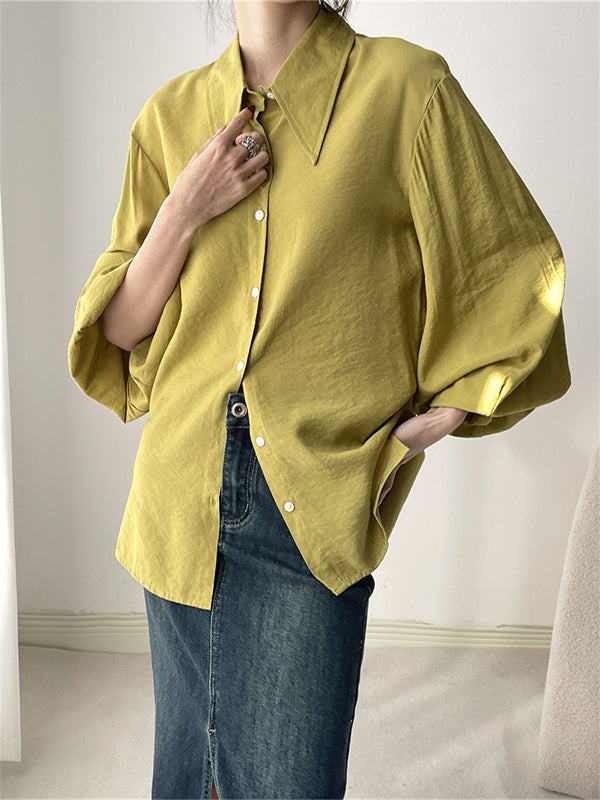 Pleated Split-Joint Sun protection Loose Puff Sleeves Lapel Blouses