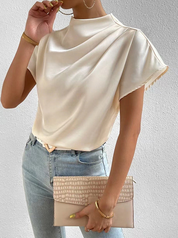 Pleated Solid Color Loose Short Sleeves Mock Neck T-Shirts Tops