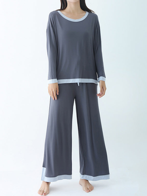 Contrast Color Long Sleeves Loose Round-neck Two Pieces Pajama Set