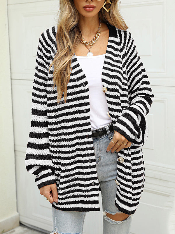 Casual Loose Long Sleeves Striped V-Neck Cardigan Tops