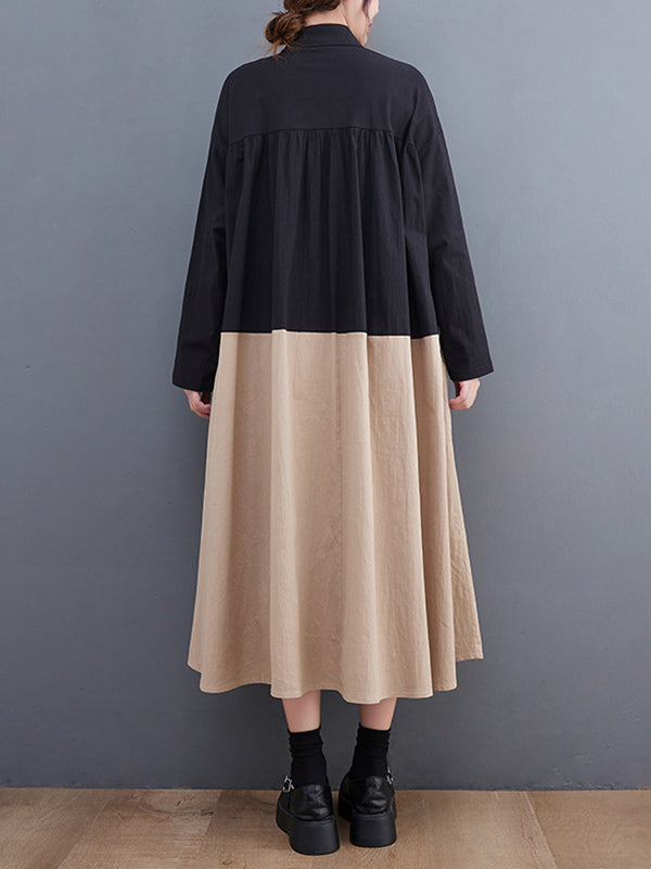 Original Loose Long Sleeves Buttoned Contrast Color Lapel Collar Midi Dresses